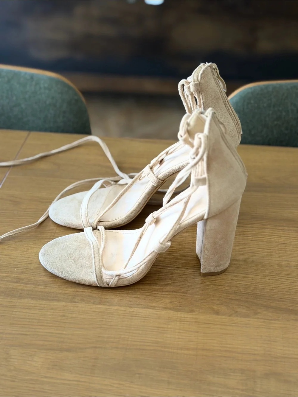 SHEIN Beige Suede Lace-Up Block Heel Sandals